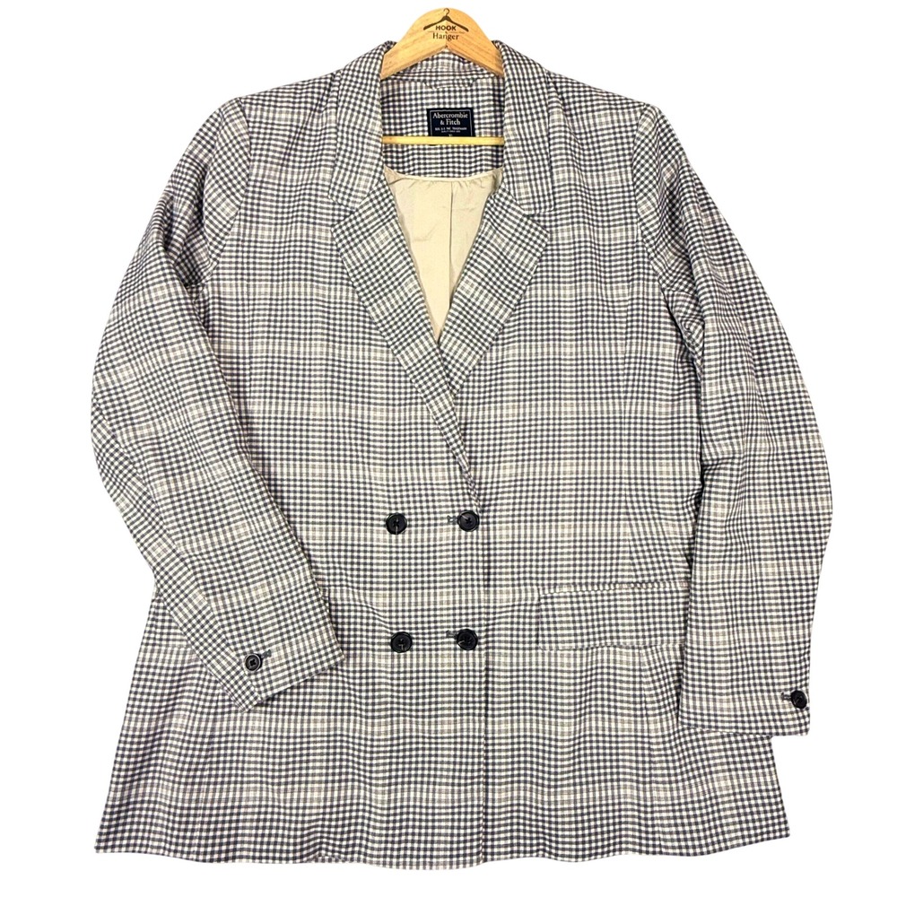 Abercrombie & Fitch Women XL Oversized Glen Plaid Blazer Check Gray Tan Academia
